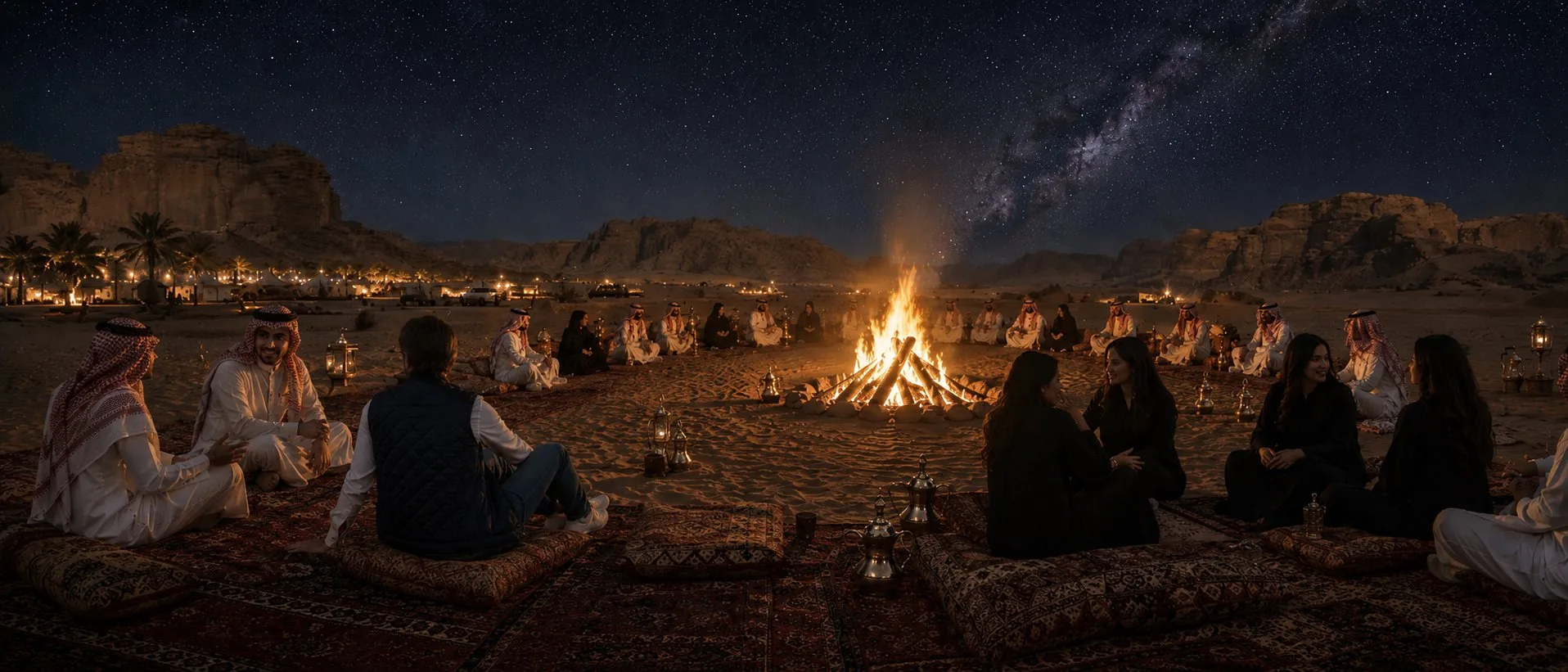 MASNA's team gathered around a fire in the Saudi desert at night
